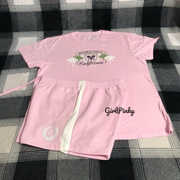 VS PINK shorts OUTFIT WITH BEVERLY HILLS CALIFORNIA LOGO TEE SIZES L-XL - Picture 1 of 5